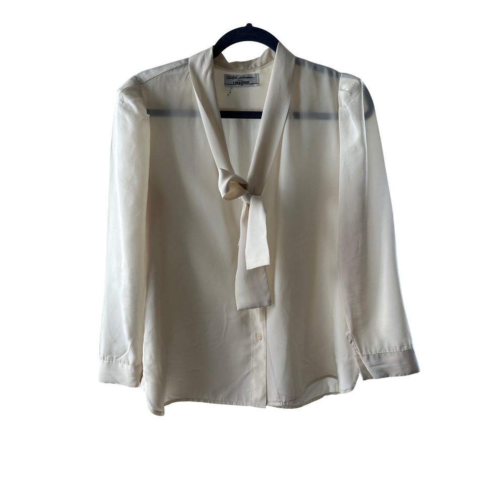 Vintage Adolph Schuman for I Magnin Cream Bow Tie Neck Blouse Top